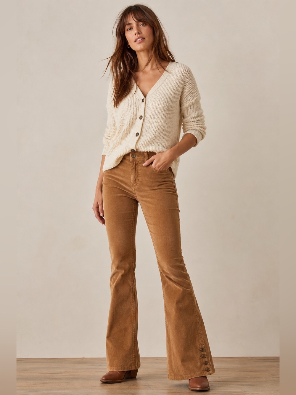 Pilcro & The Letterpress Corduroy Flare Pants Camel Tan Button Hem Size 28